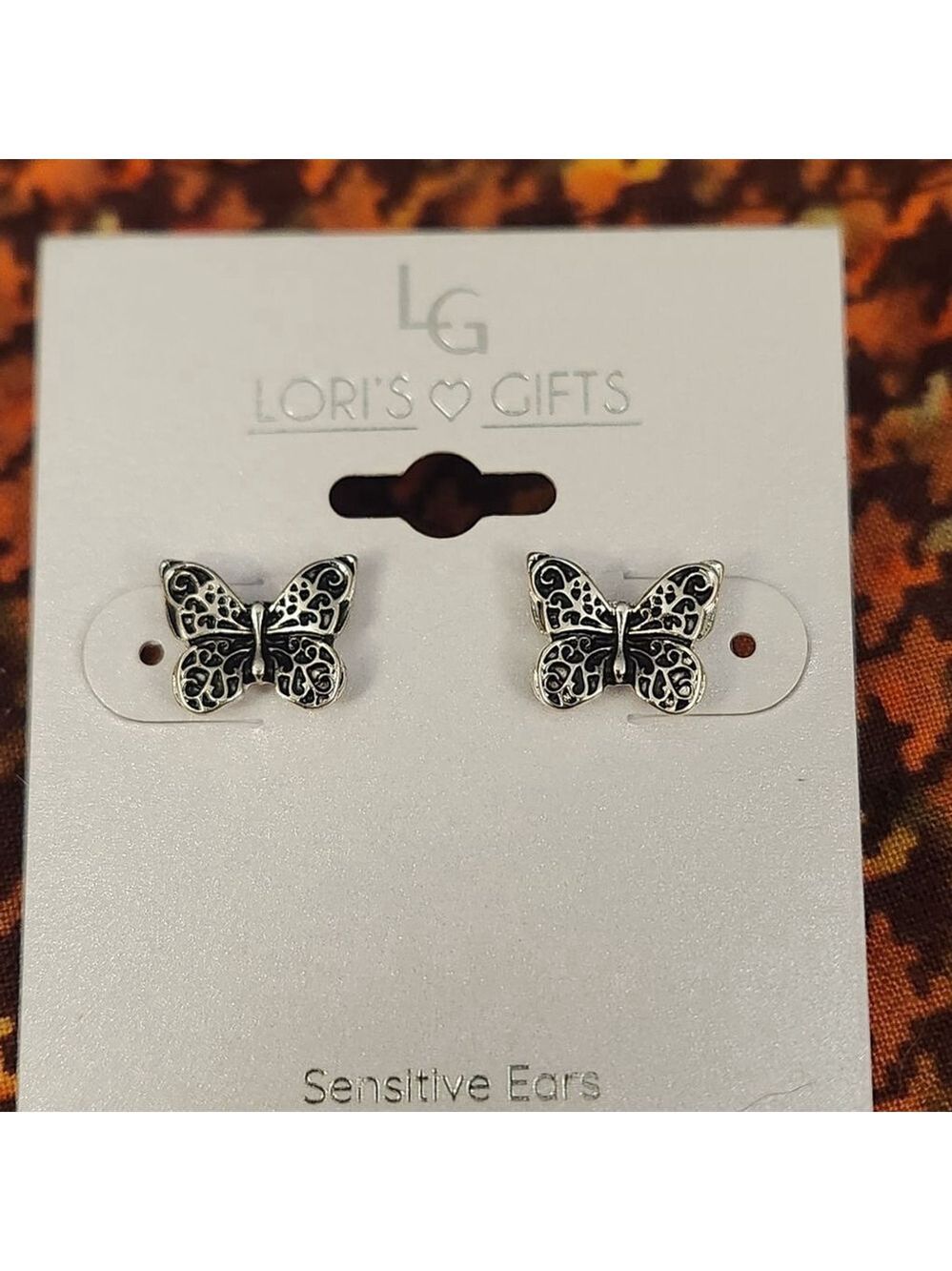 Lori's Gifts Butterfly Stud Earrings Silver and Black